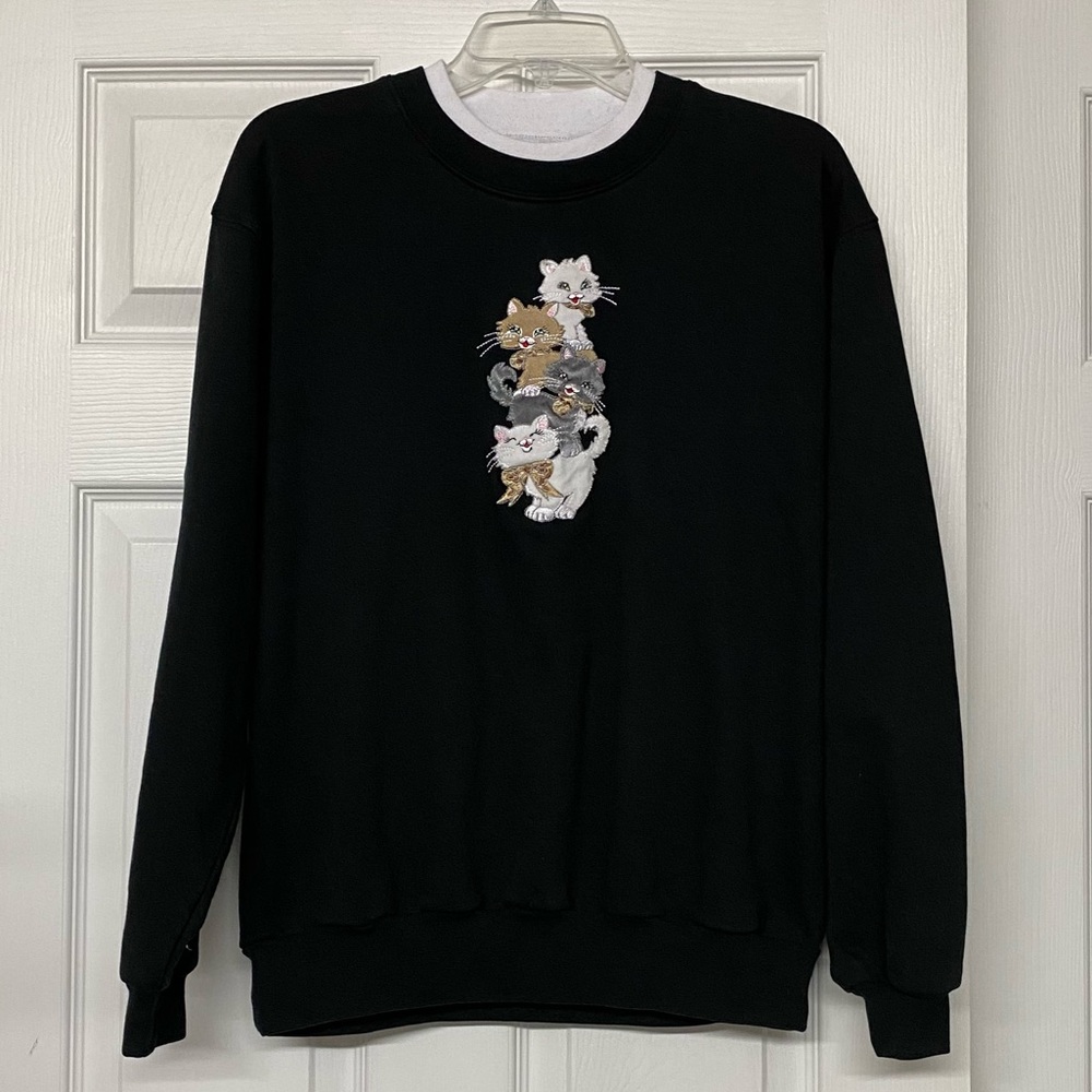 Embroidered Cats Black Vintage Sweatshirt Mock Neck Layered Look Sz L